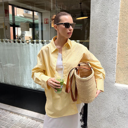 Casual Cotton Yellow Striped Blouse